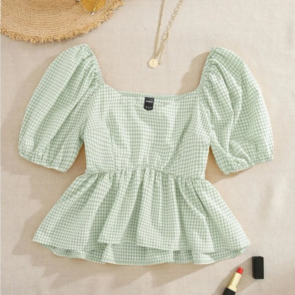 Puff Sleeve Ruffle Hem Gingham Blouse